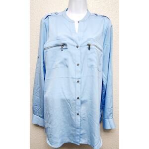 Calvin Klein Blue Zipper Pockets Button Up Top Large Long Roll Tab Sleeves Soft